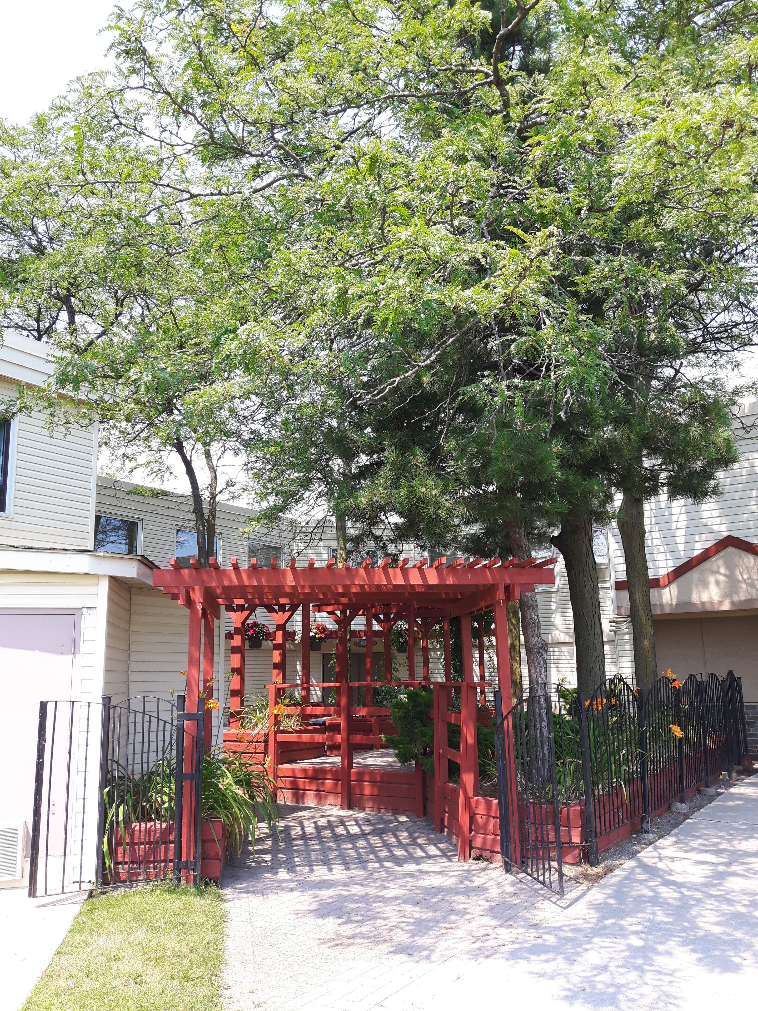 Une pergola rouge avec un chemin de briques menant à l’entrée d’une maison, le tout entouré d’une clôture en métal noir et d’un arbre qui offre de l’ombre.