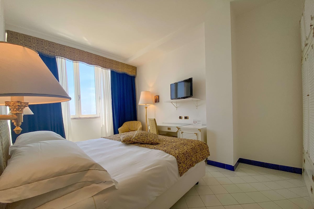 Une chambre d’hôtel avec un lit, un bureau, une télévision et une fenêtre avec des rideaux.