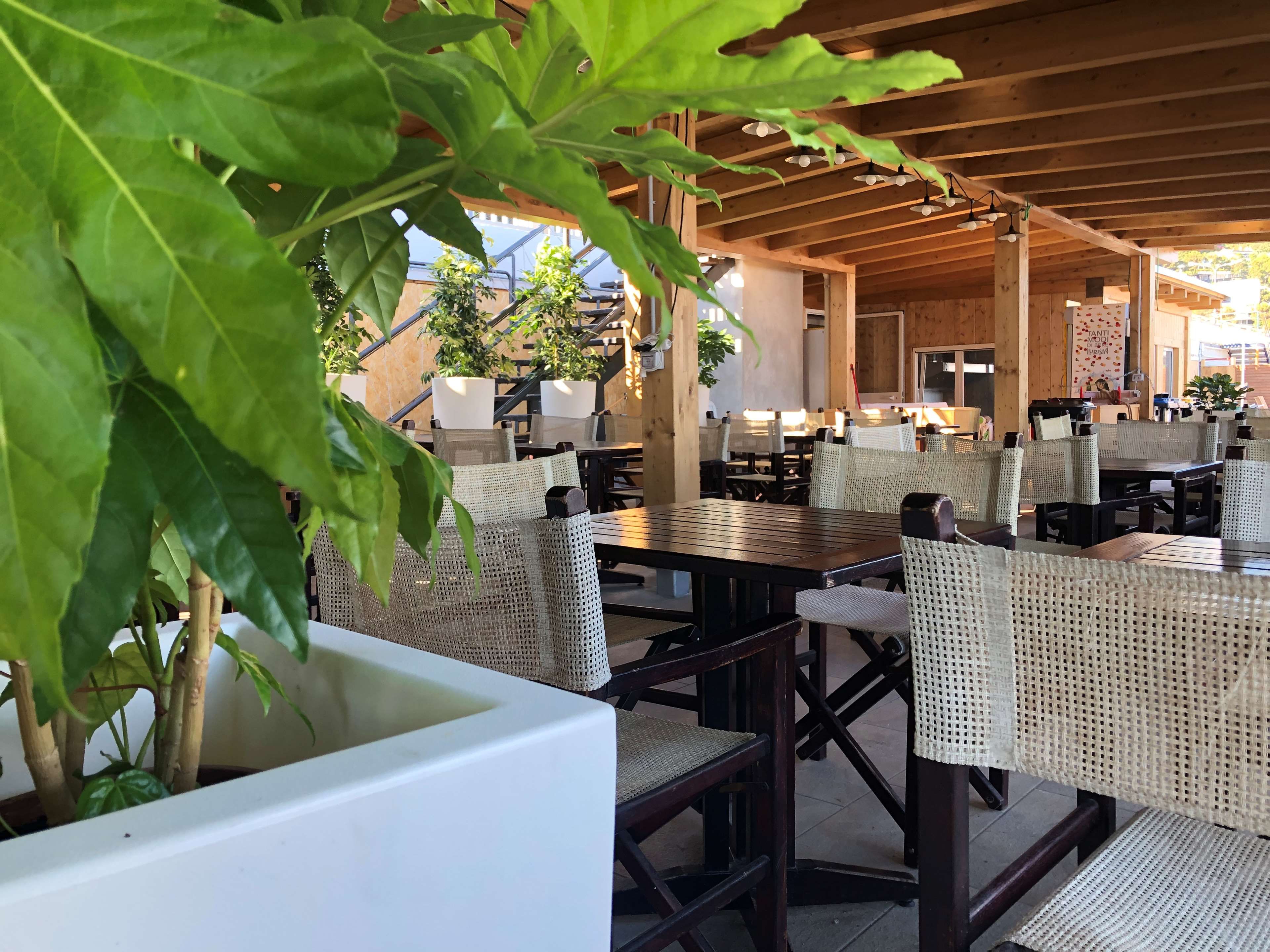 Un espace extérieur aménagé avec des tables et des chaises en osier, entouré de plantes en pot.