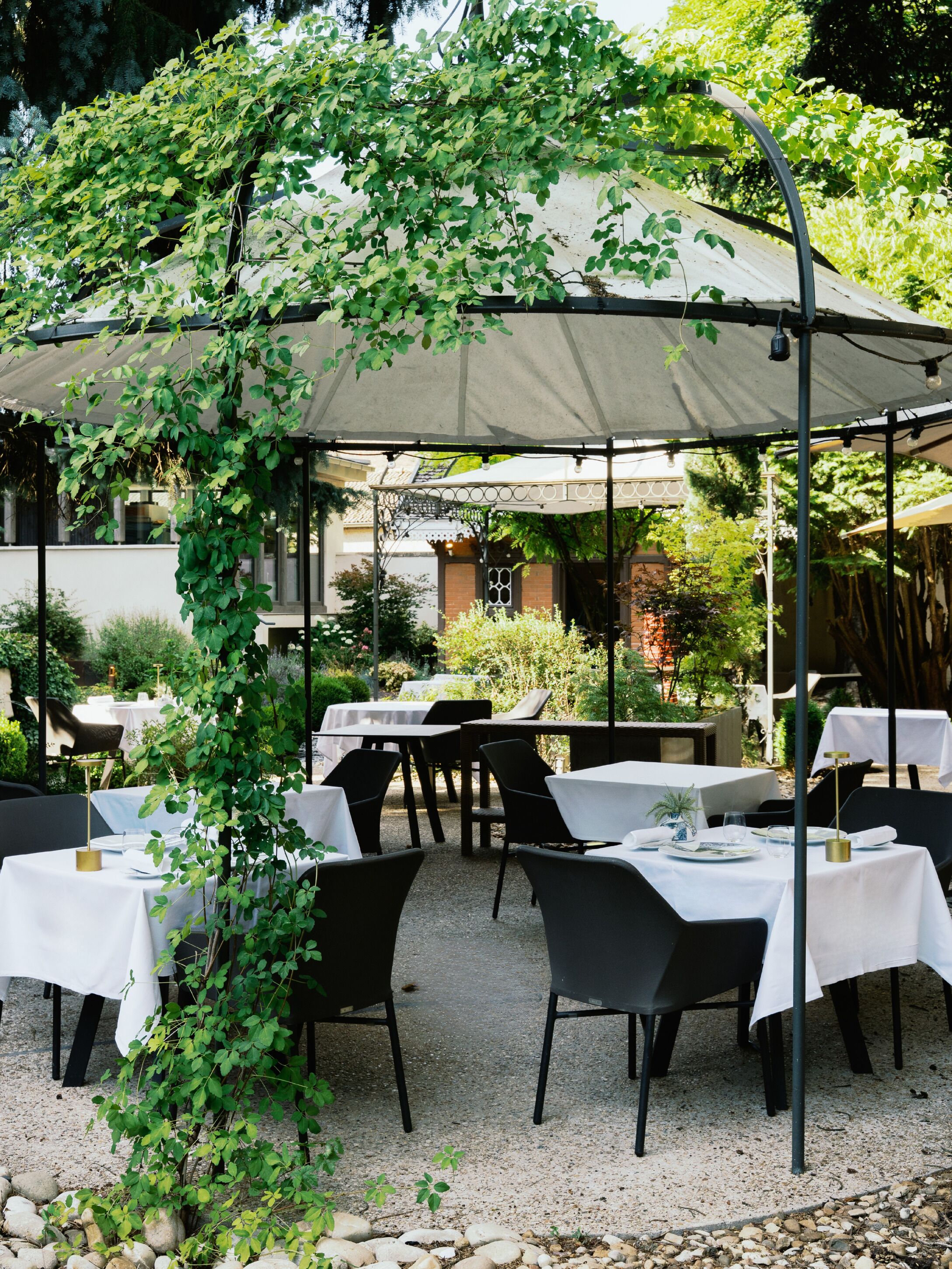 An outdoor dining area with tables and chairs under a pergola covered with climbing plants.