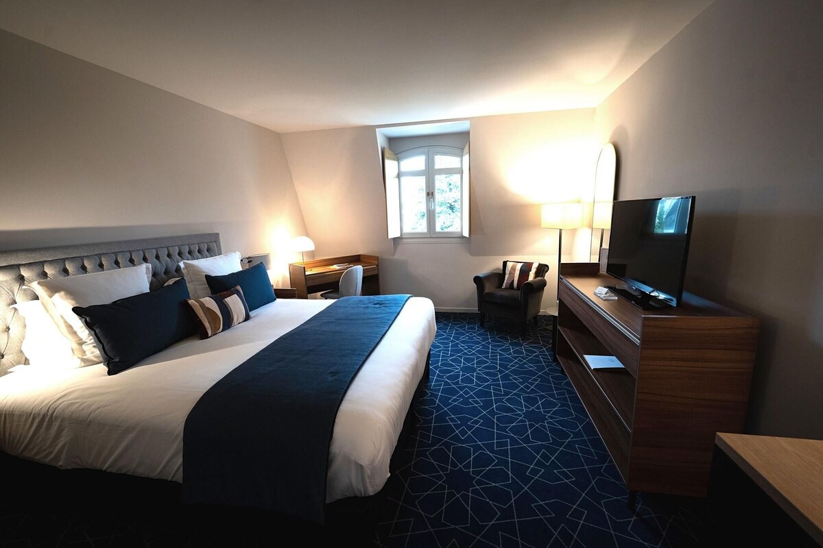 A hotel room with a large bed, a TV, a desk, a chair, a lamp, and a window.