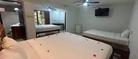 A hotel room with a large bed, a smaller bed, a desk, a chair, a television, and a ceiling fan.