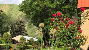 A garden with a variety of flowers and plants, a wooden fence, and a building in the background. - Glenwood Springs Cedar Lodge (Glenwood Springs)