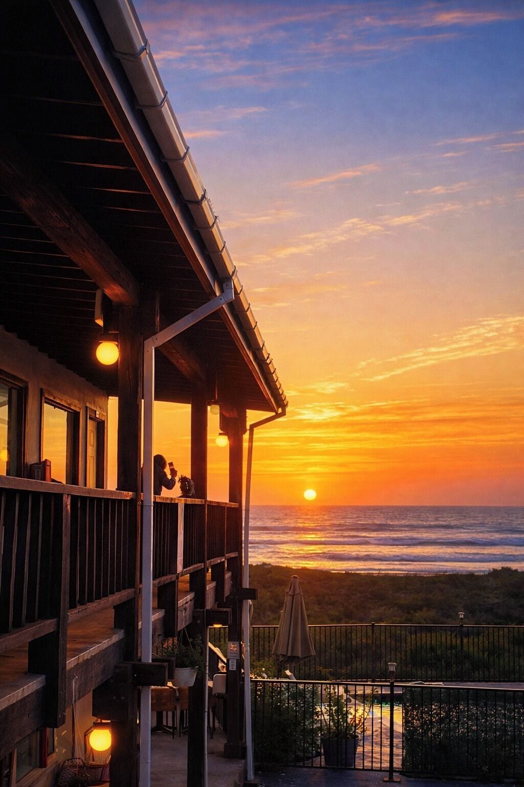 Une propriété en bord de mer dotée d’un balcon offrant une vue sur l’océan au coucher du soleil.