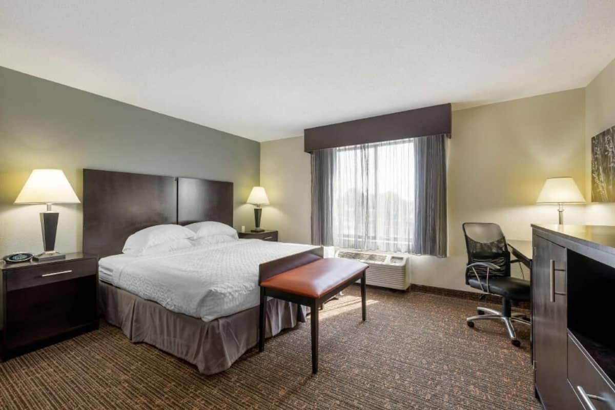 A hotel room with a bed, bedside tables, a desk, a chair, and a television.