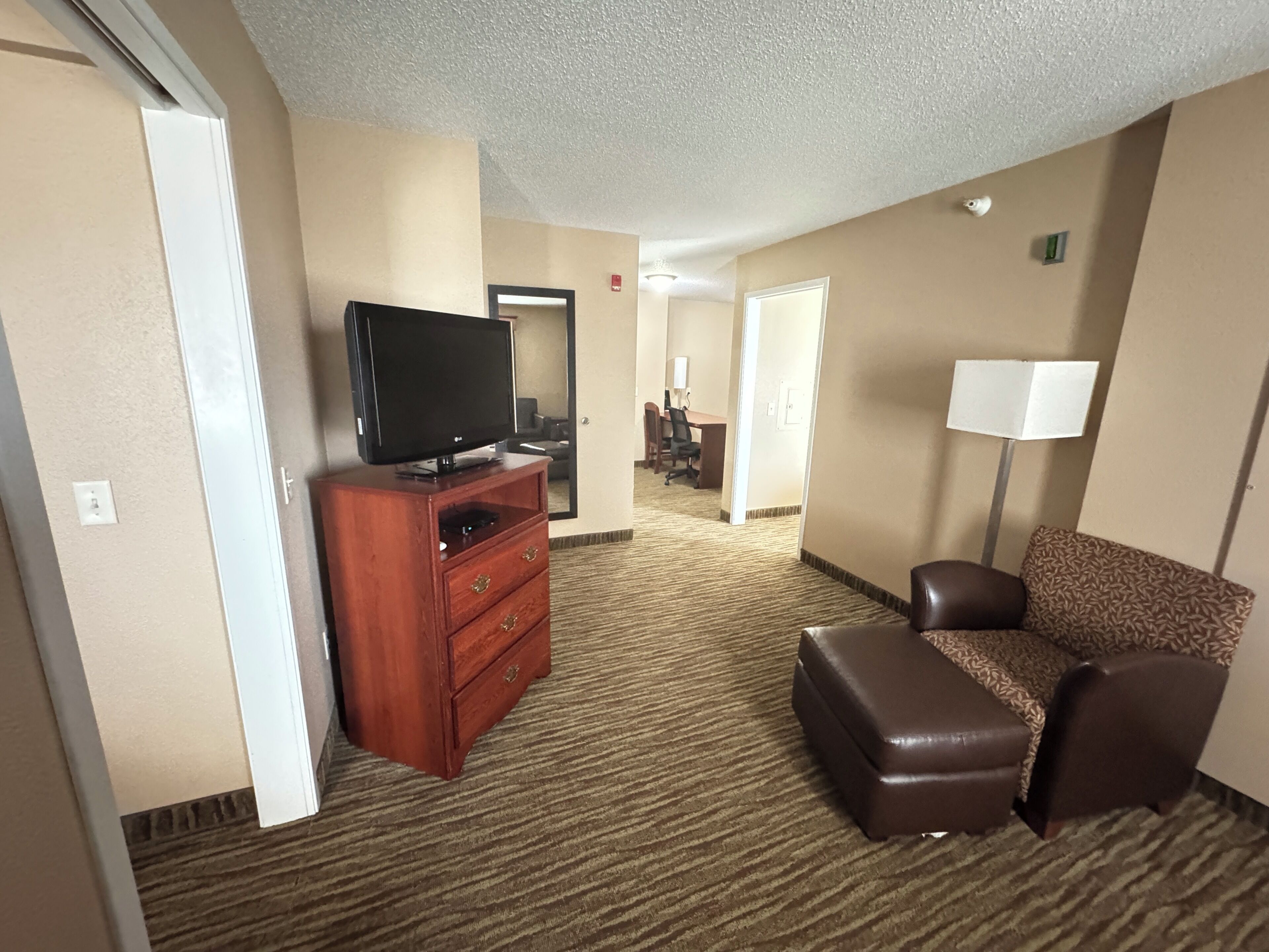 Habitación de hotel con televisor sobre un aparador de madera, sofá de cuero marrón, reposapiés estampado y piso alfombrado.