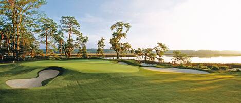 A golf course with sand bunkers, trees, and a water body in the background.