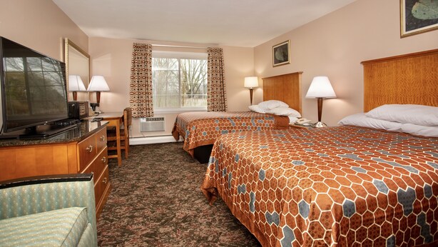 Une chambre d’hôtel avec deux lits, une télévision, un bureau et une chaise.