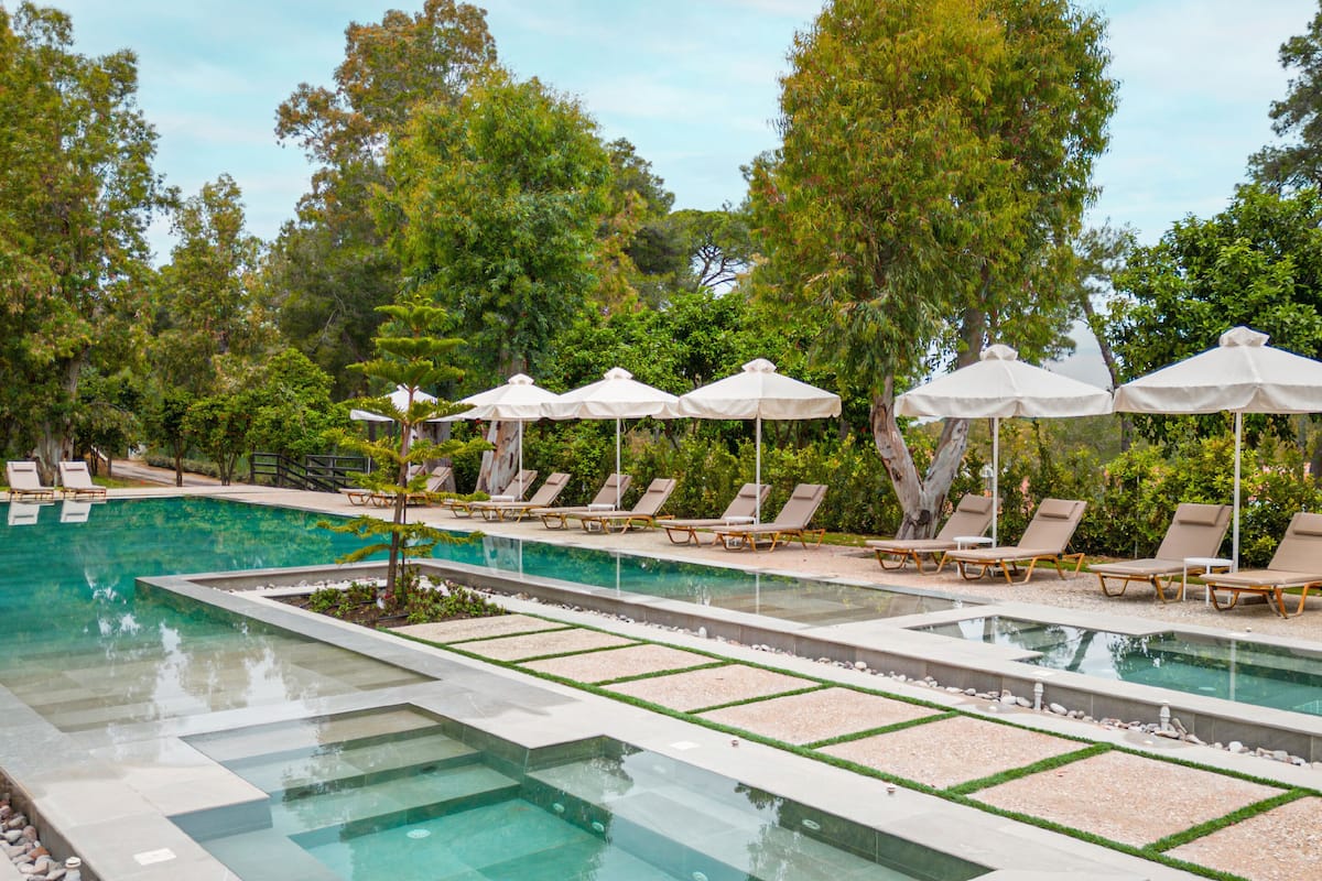 Un área de piscina con sillas de descanso y sombrillas, rodeada de árboles.