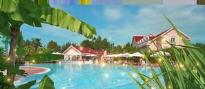Seasonal outdoor pool, pool umbrellas, sun loungers
