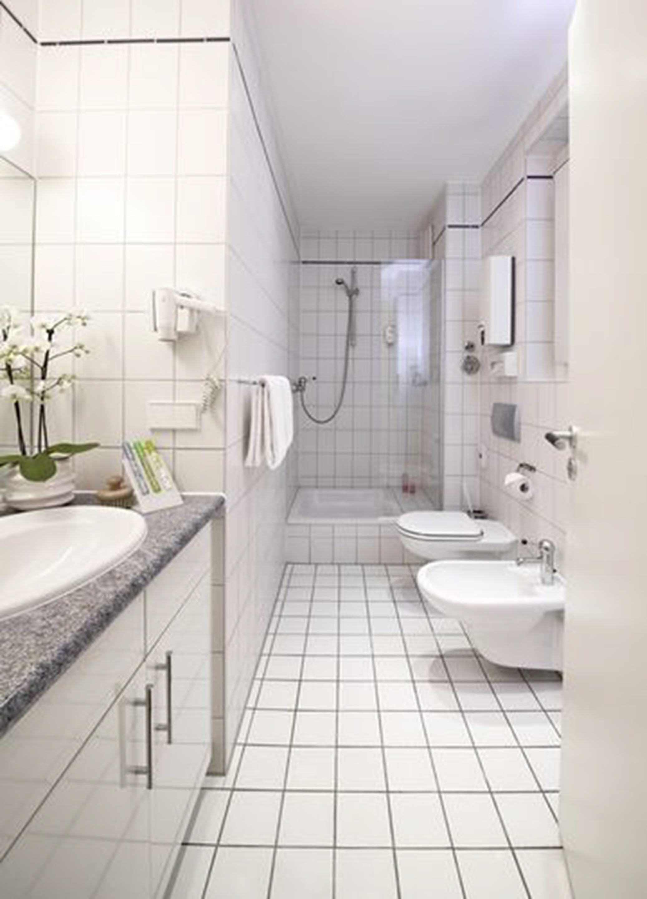 A modern bathroom with a large sink, two basins, a shower, and a toilet.