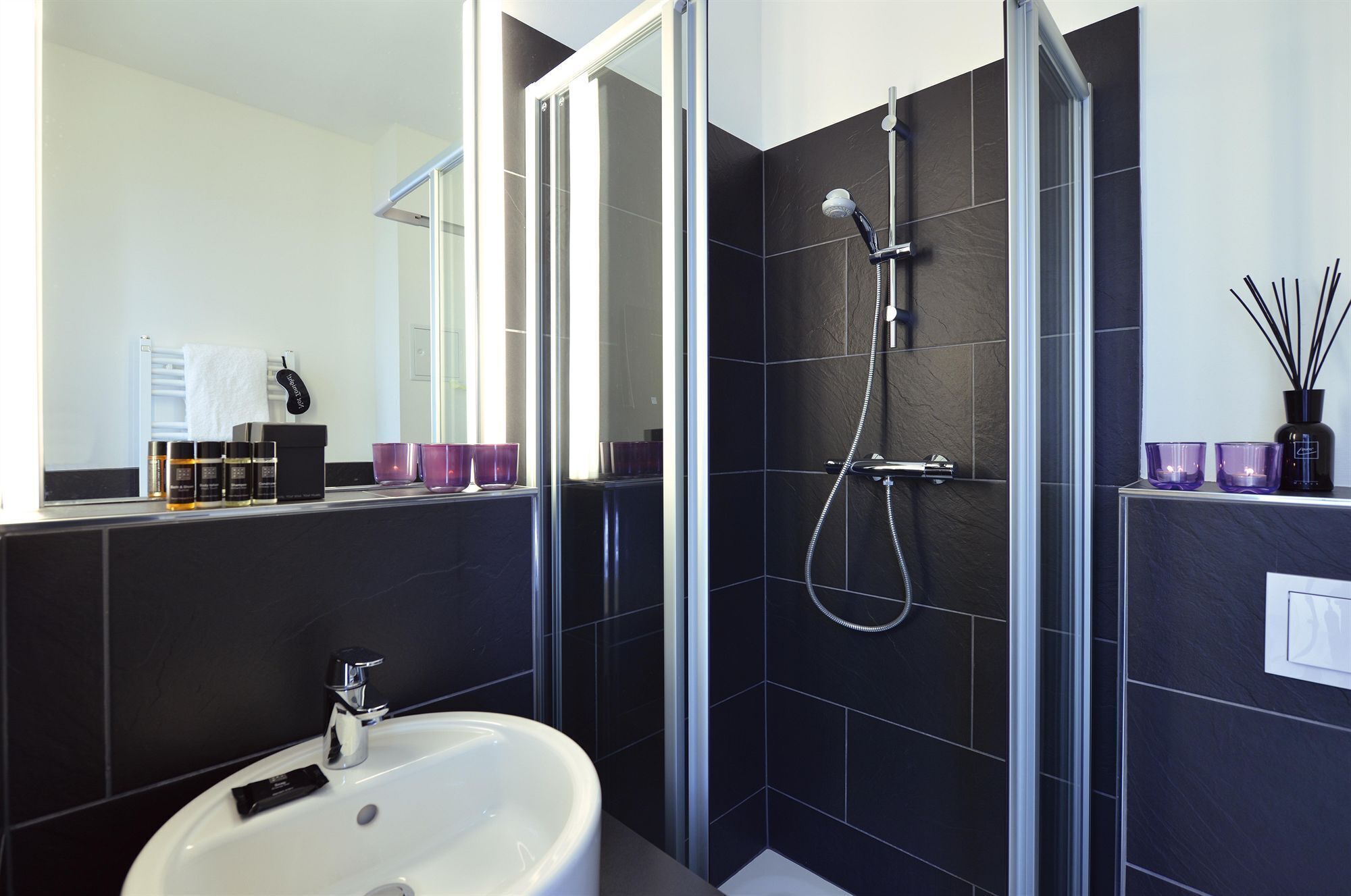 Shower, free toiletries, hair dryer, towels