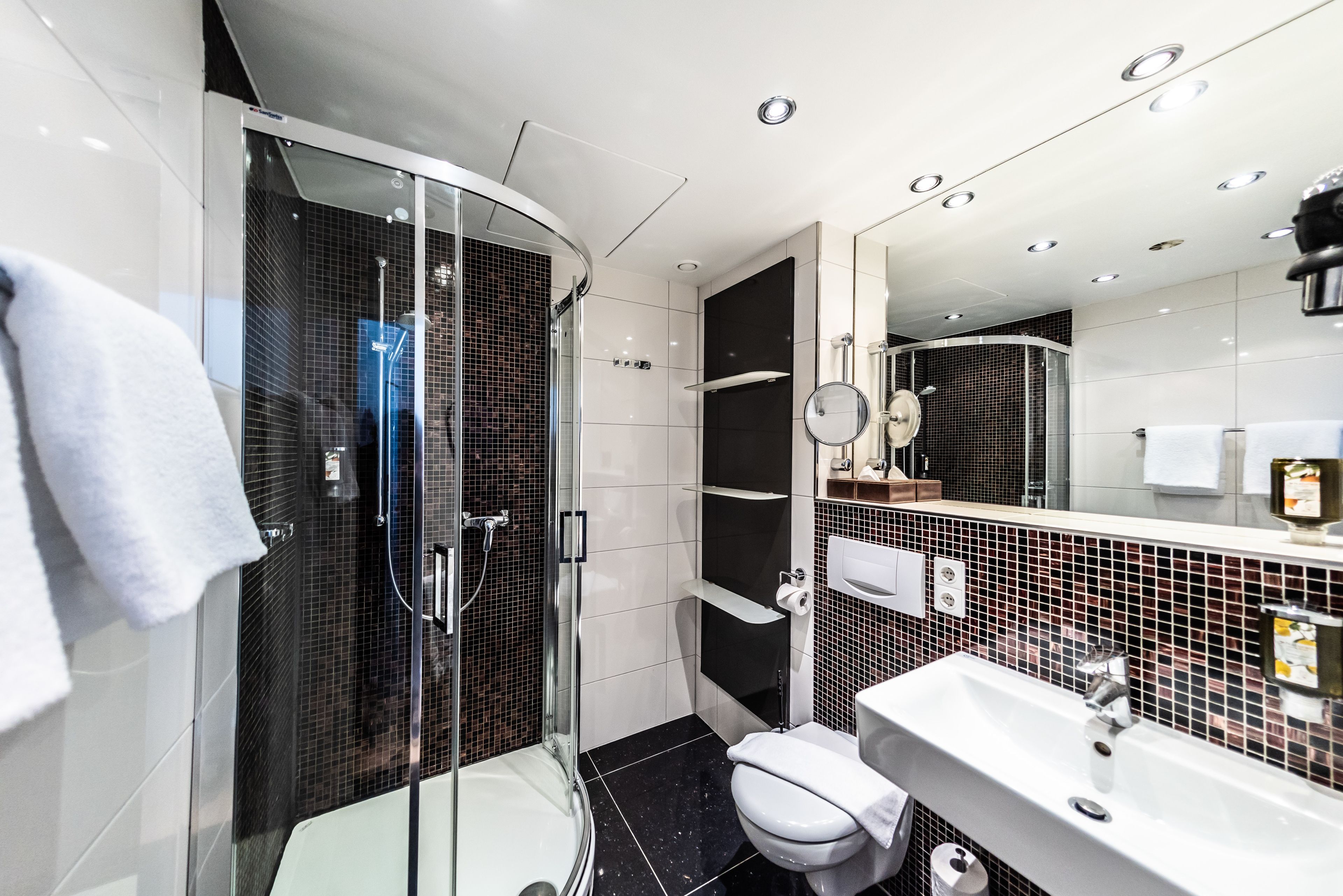 A modern bathroom with a glass-enclosed shower, a white toilet, and a sink with a mirror above it.