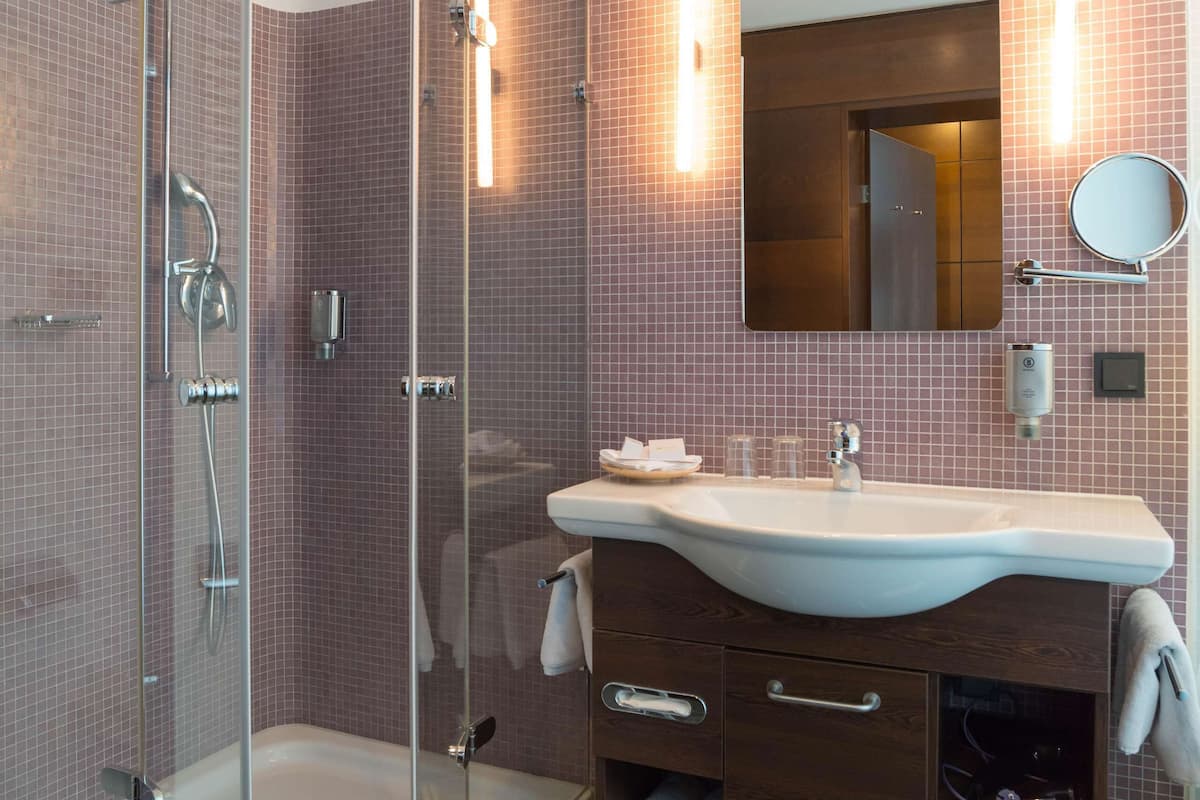 business double room | bathroom | shower, eco-friendly toiletries, hair dryer, towels
