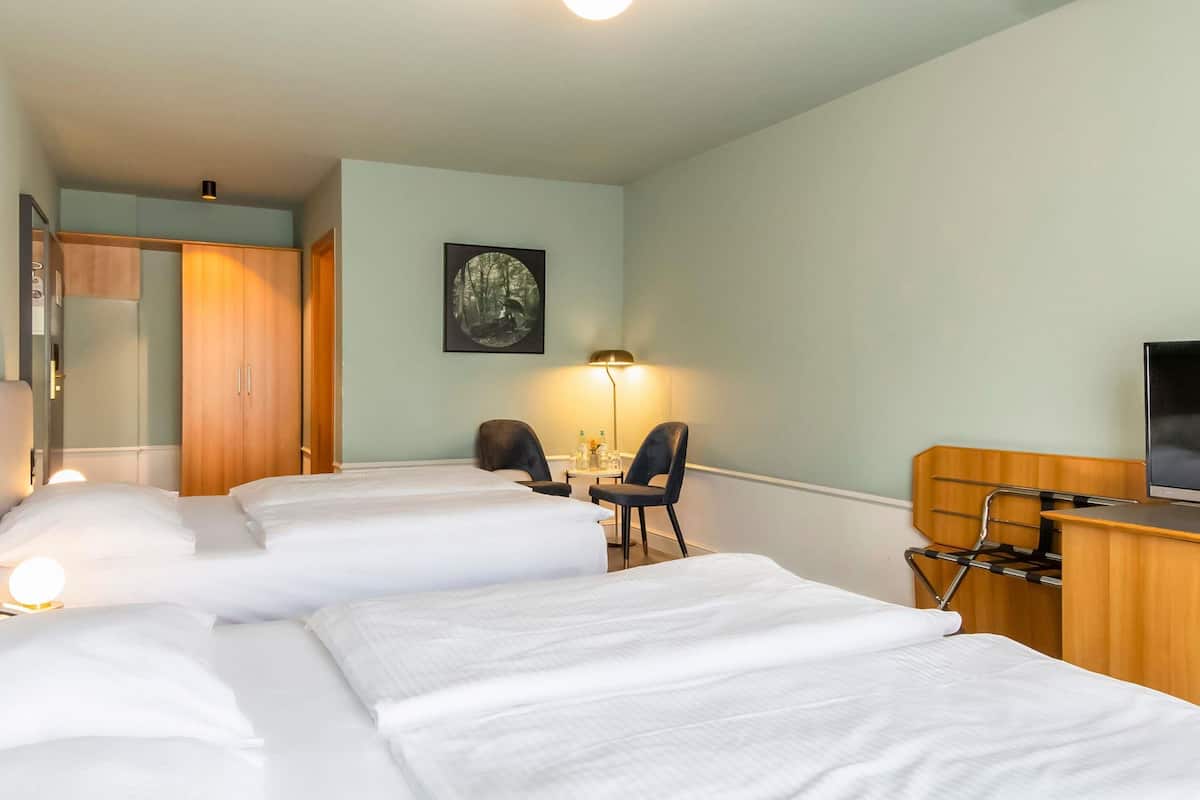 Hypo-allergenic bedding, desk, laptop workspace, blackout drapes