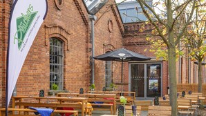 Un espace extérieur aménagé avec des tables et des bancs en bois, un bâtiment en briques et un drapeau.