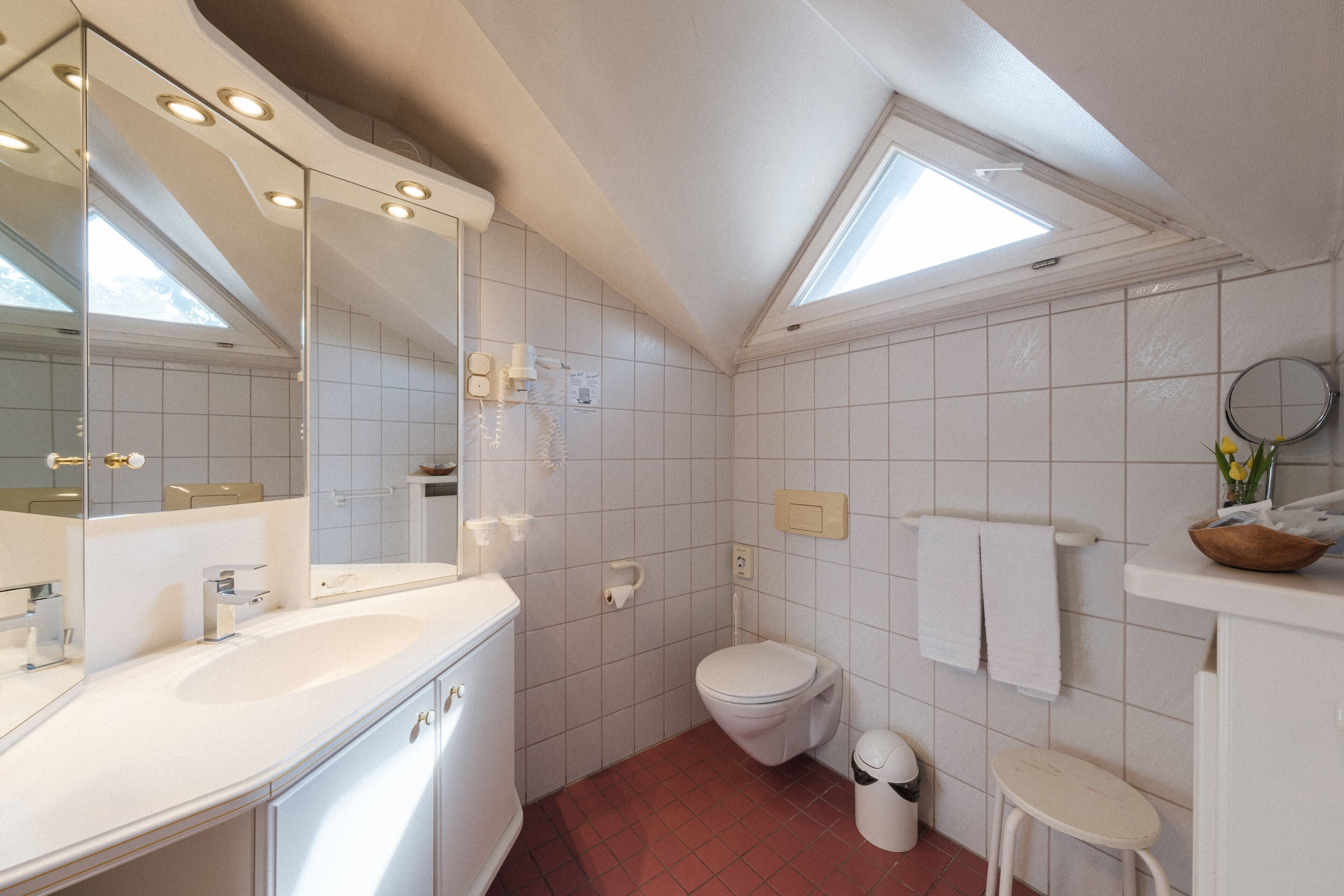 A modern bathroom with a skylight, a large mirror, a white sink, and a toilet.