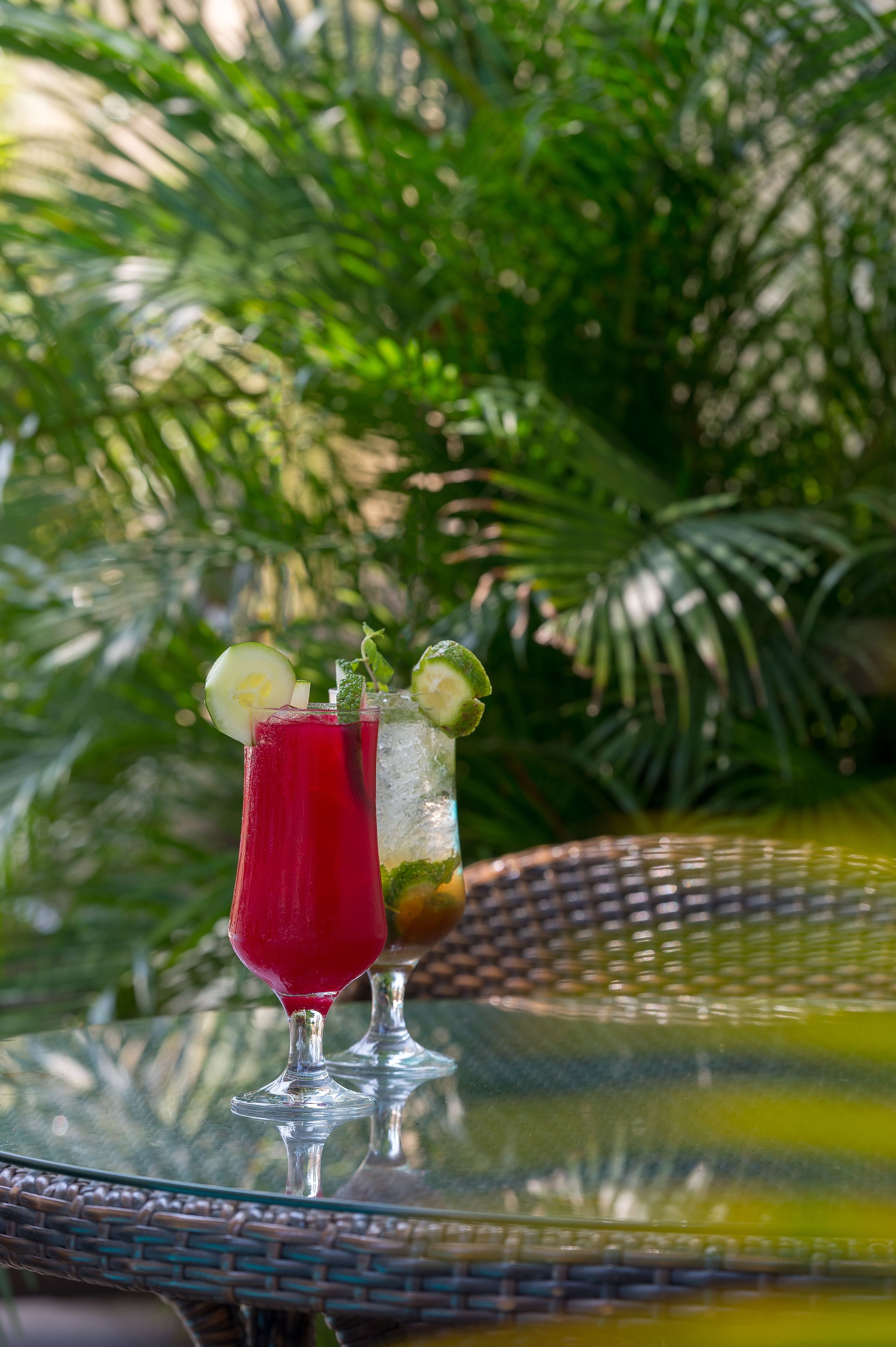 Two drinks on a glass table with a woven edge, surrounded by lush green foliage.