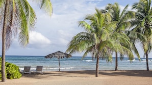 A beach with palm trees, a thatched umbrella, and two lounge chairs.