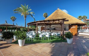 An outdoor seating area with tables and chairs, a thatched-roof structure, and potted plants.