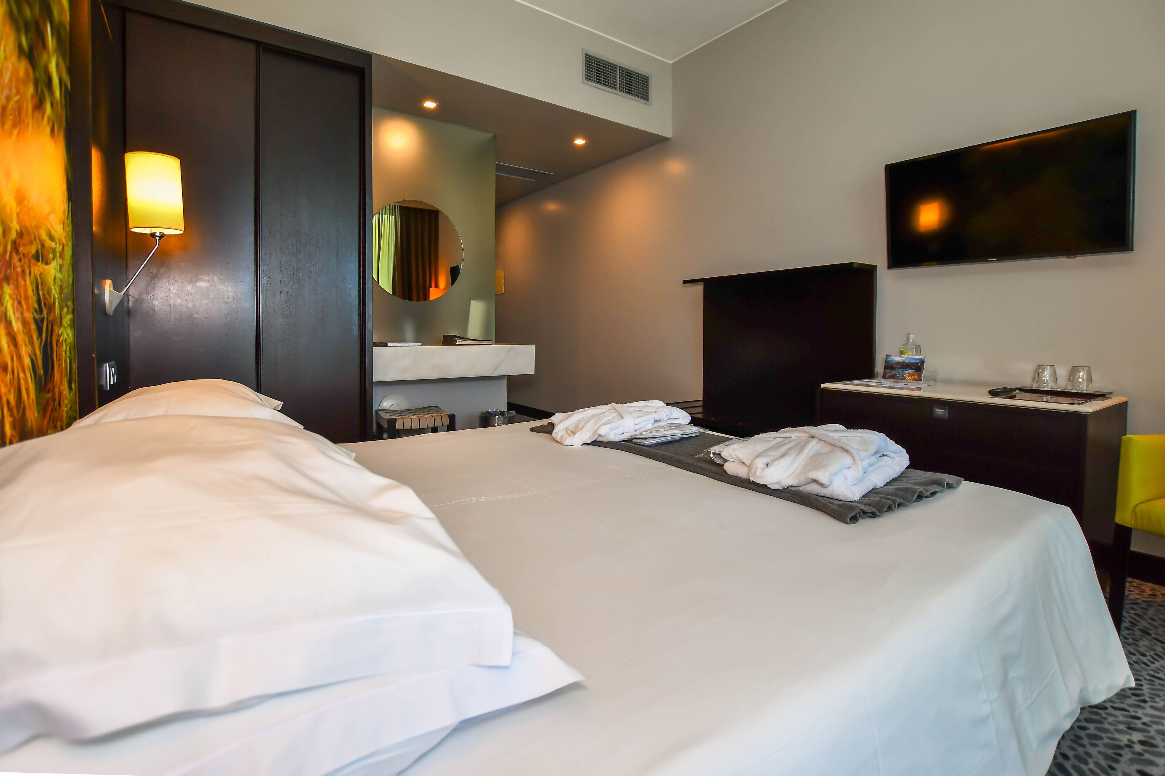 minibar, desk, laptop workspace, soundproofing