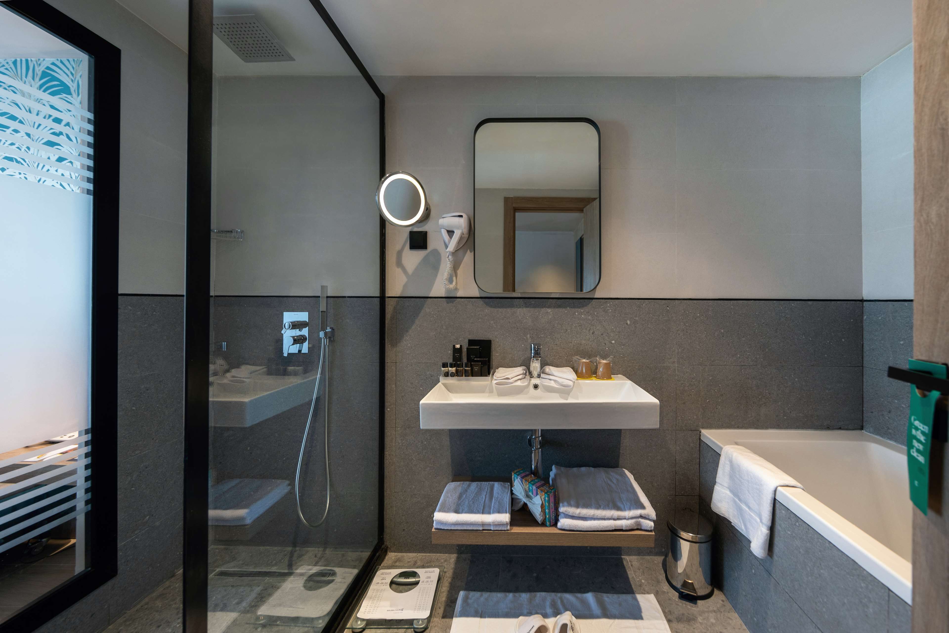 A modern bathroom with a glass shower enclosure, a sink with a mirror above it, and a bathtub.