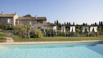 Seasonal outdoor pool, pool umbrellas, sun loungers