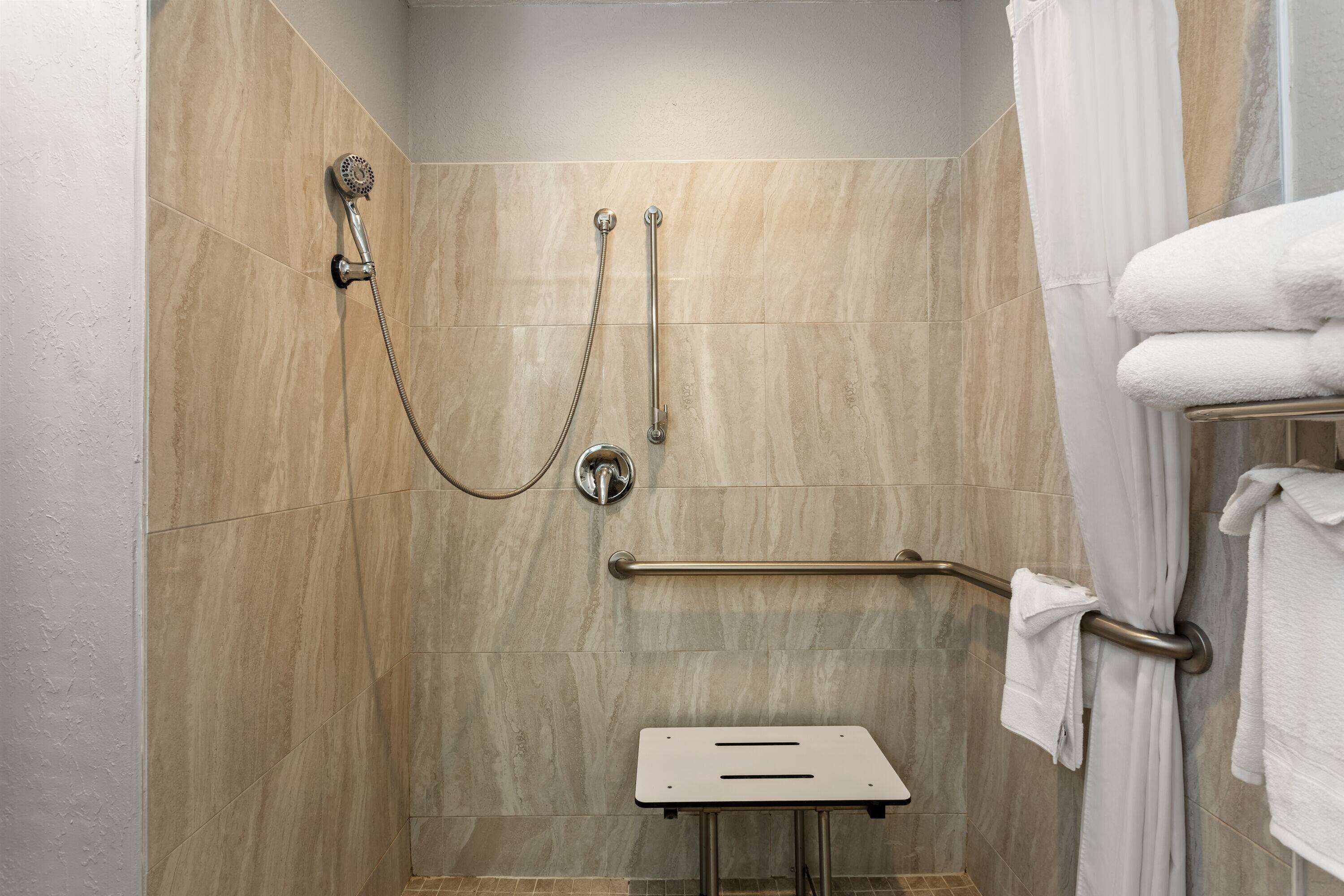 A shower area with a handheld showerhead, a wall-mounted hand shower, and a grab bar.