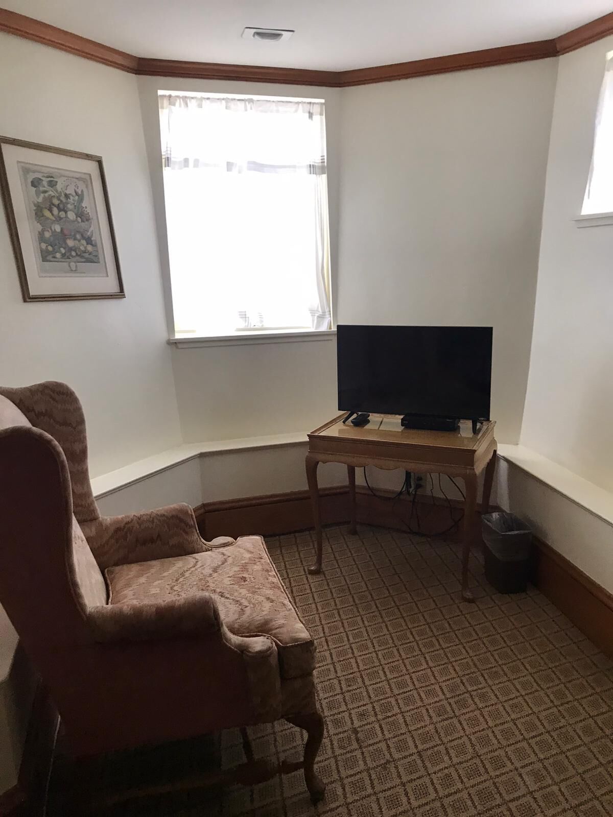 Une chambre d’angle avec une grande fenêtre, un téléviseur posé sur un meuble en bois, une moquette à motifs et un tableau encadré accroché au mur.