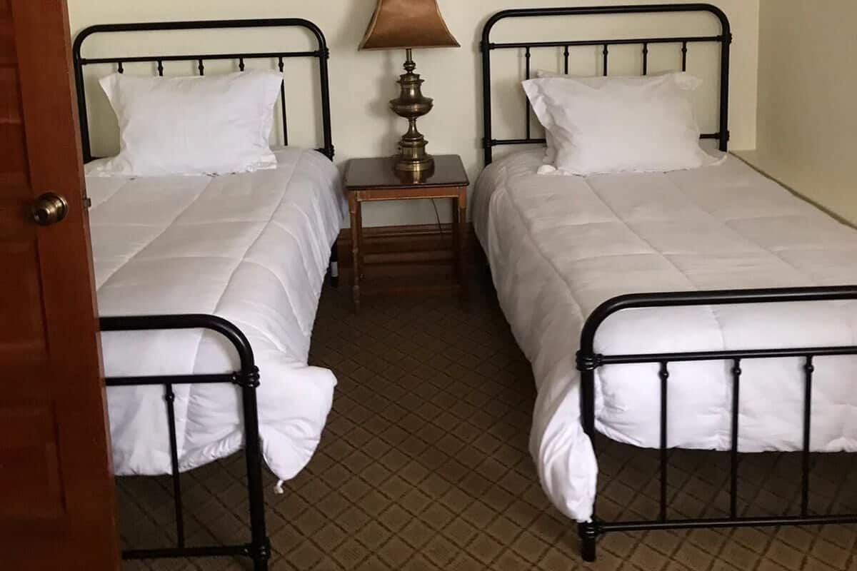 A room with two single beds, a nightstand with a lamp, and two framed pictures on the wall.