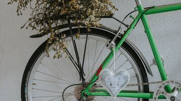 A green bicycle with a basket containing dried flowers, a heart-shaped ornament hanging from the rear wheel, and a heart-shaped ornament hanging from the handlebar.