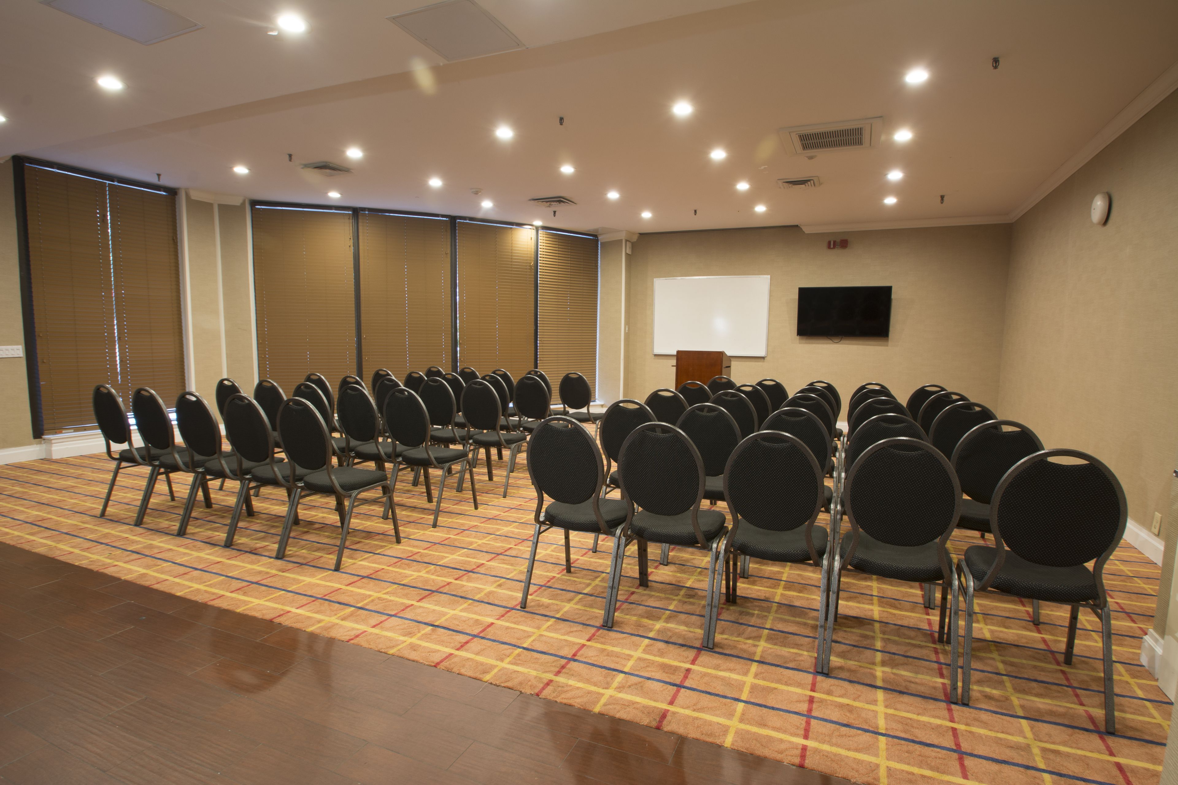 A conference room with rows of chairs, a projector screen, and a carpeted floor.