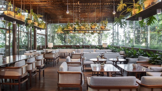 A spacious outdoor seating area with wooden tables and chairs, surrounded by large windows and potted plants.
