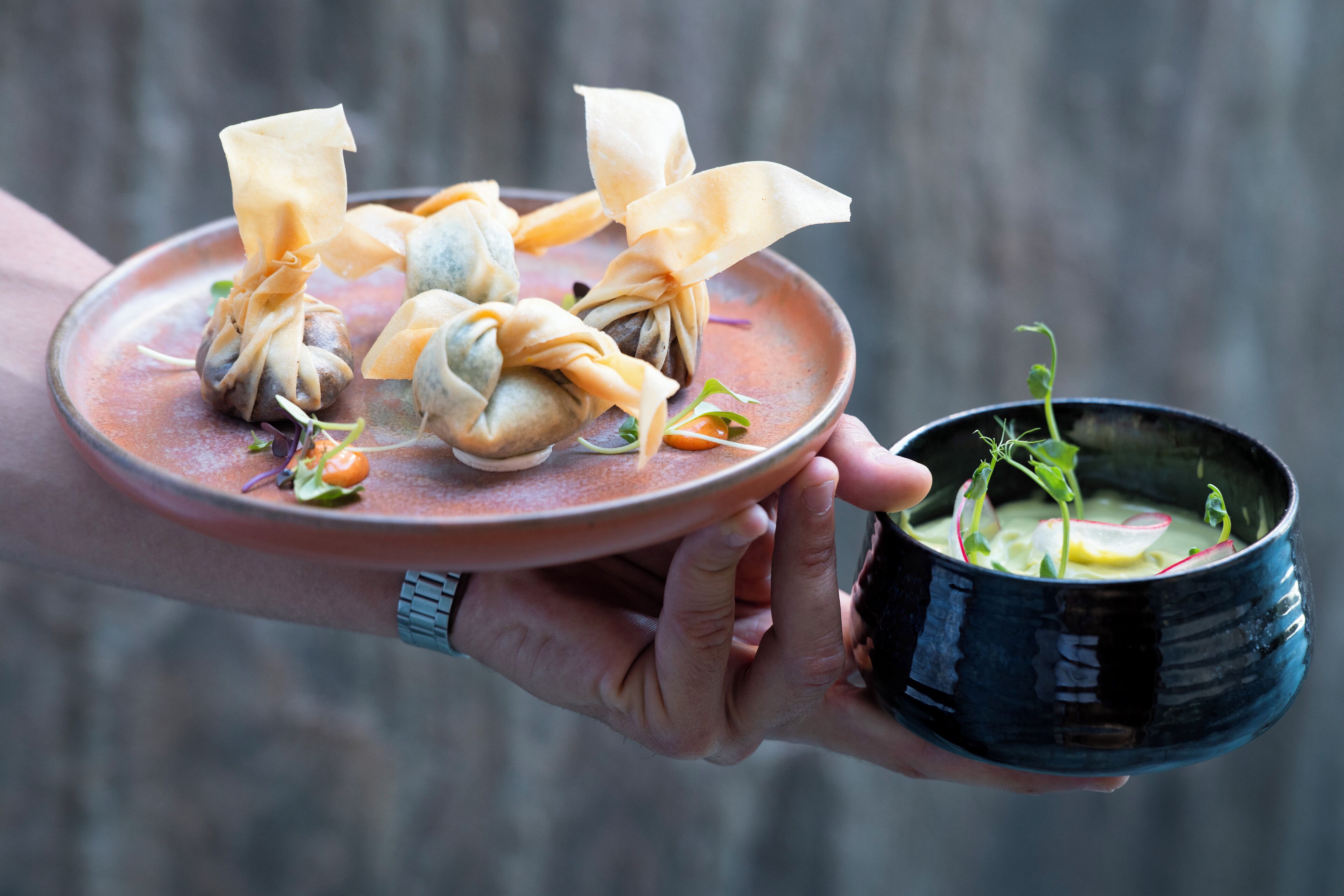 Een persoon houdt een bord met dumplings en een kom soep vast.