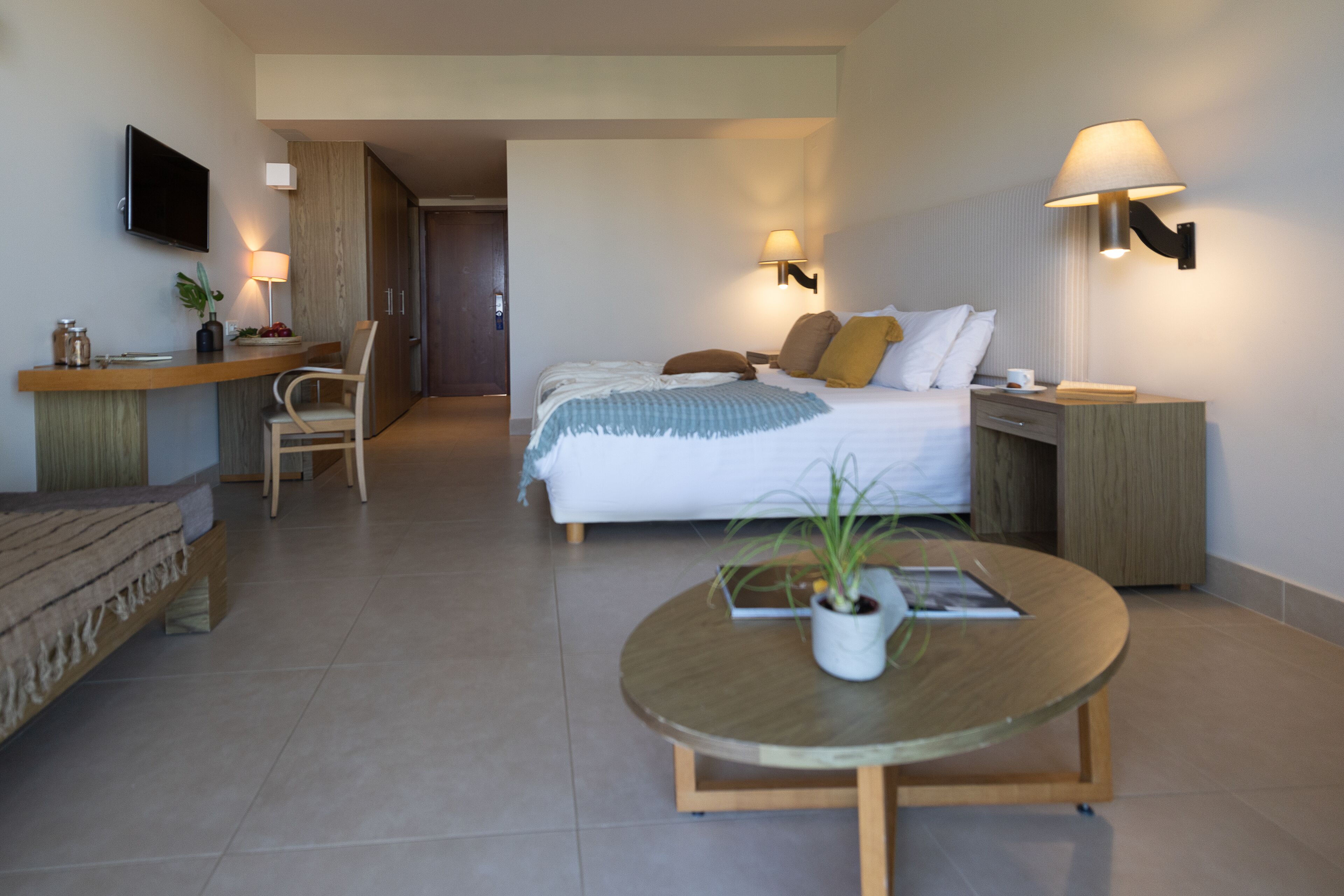 Una habitación de hotel moderna con cama, mesita de noche, lámpara y una pequeña mesa redonda con una planta.