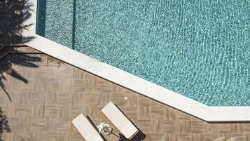 Seasonal outdoor pool, open 8:00 AM to 8:00 PM, pool umbrellas