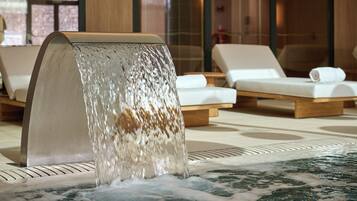 Indoor pool, outdoor pool, pool umbrellas, pool loungers