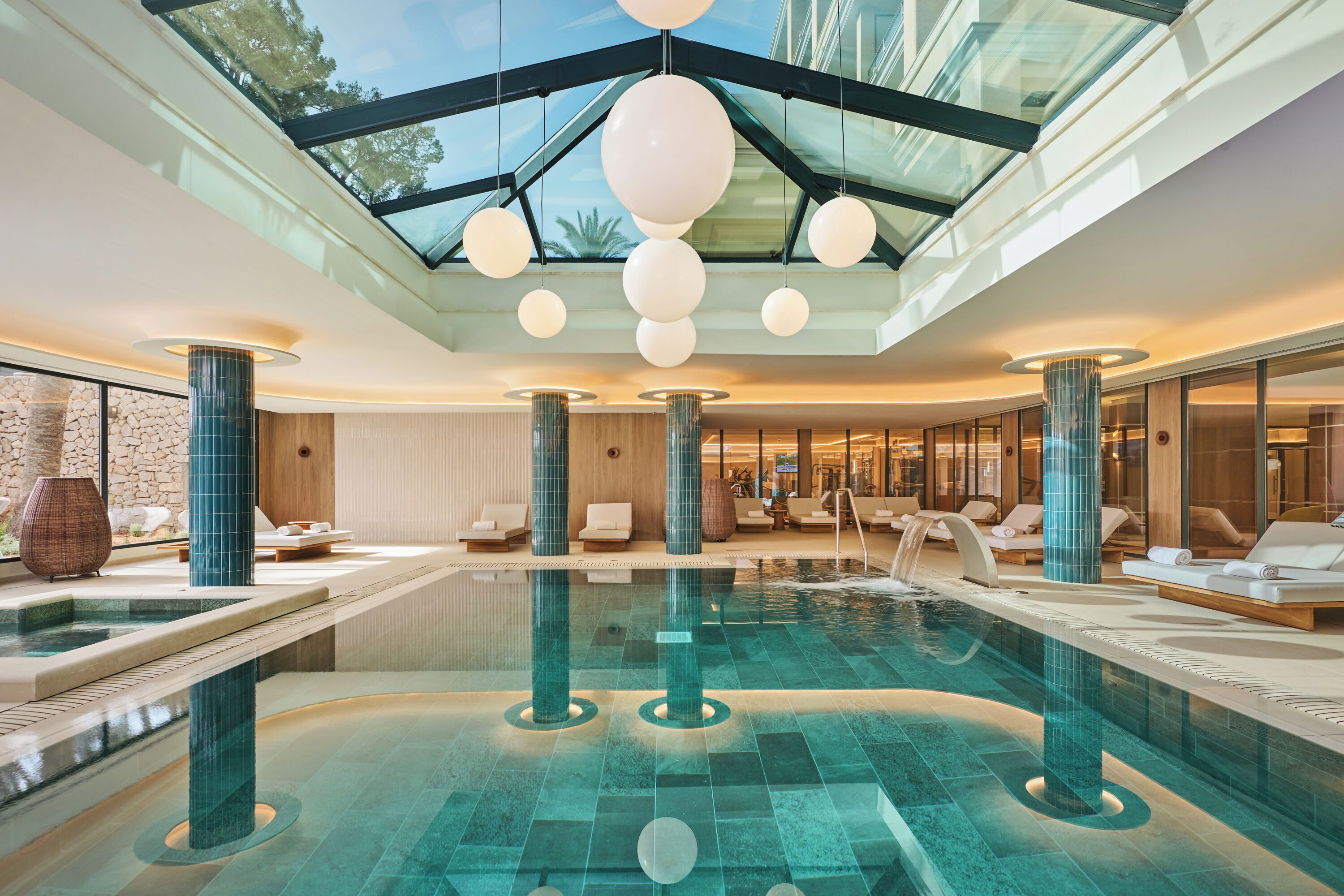 Indoor pool, outdoor pool, pool umbrellas, sun loungers