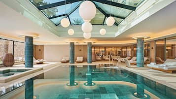 Indoor pool, outdoor pool, pool umbrellas, sun loungers