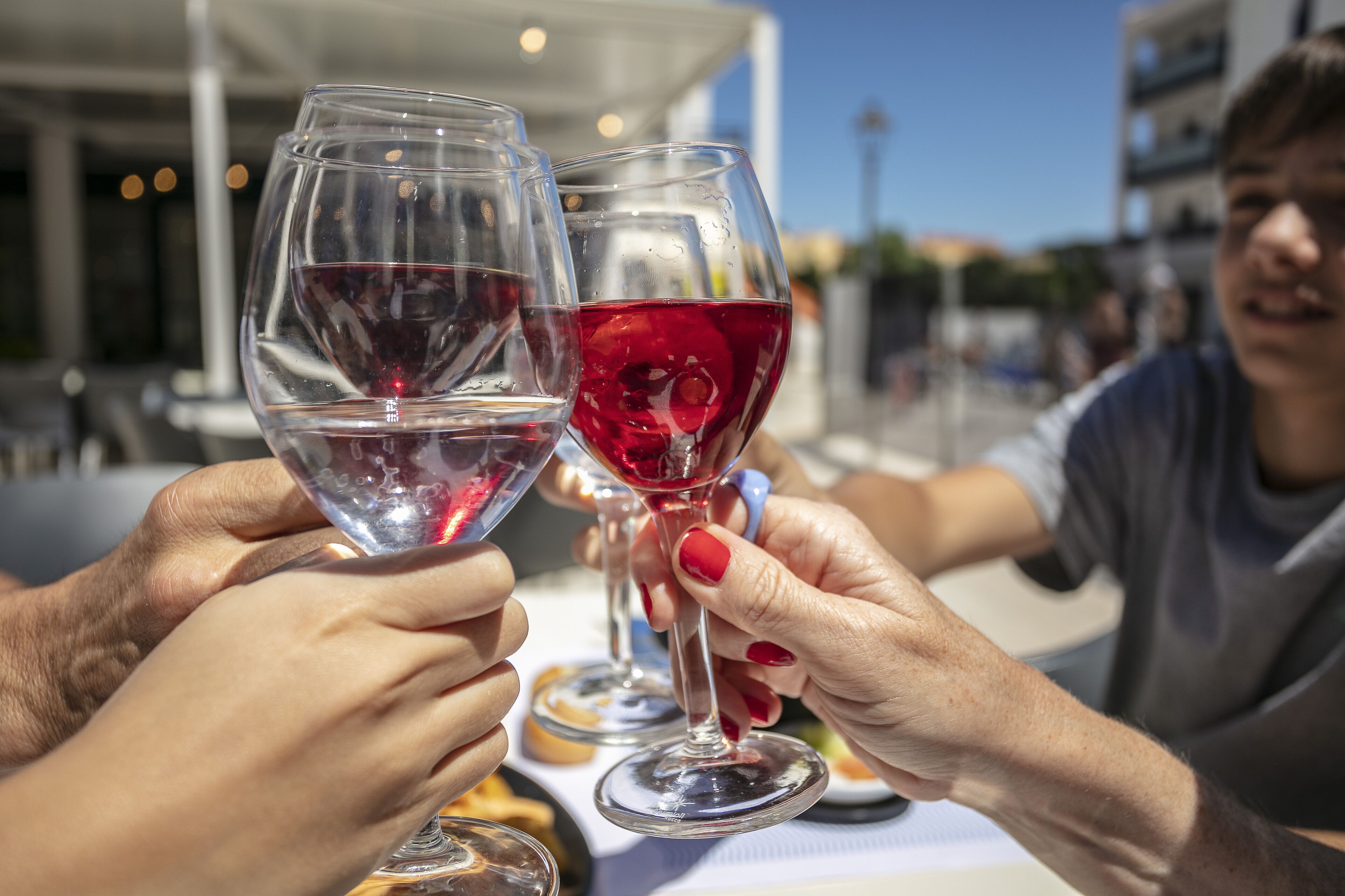 Two people toasting with wine glasses at a table.