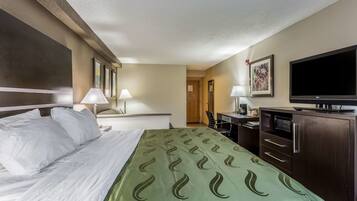 Una habitación de hotel con cama, escritorio, televisor y armario.