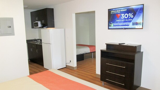 Une petite chambre comprenant un lit, une kitchenette et un téléviseur diffusant des informations financières.