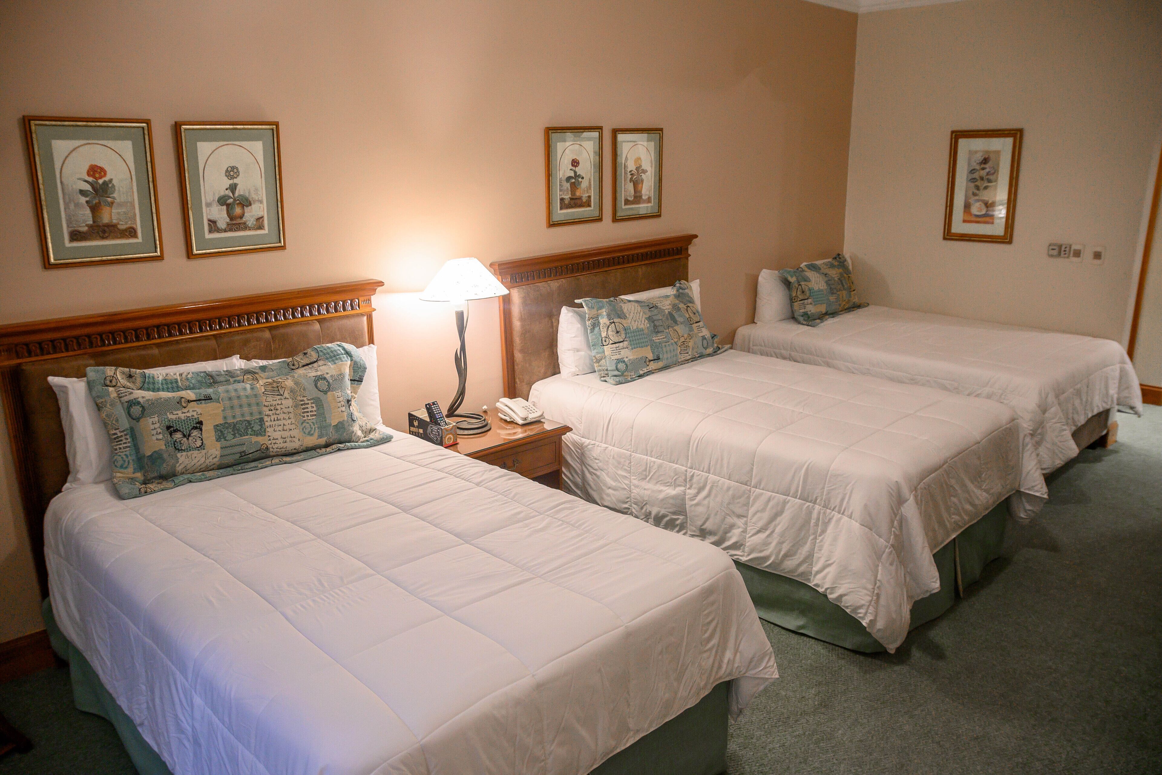 A hotel room with two beds, a nightstand, a lamp, and framed artwork on the wall.