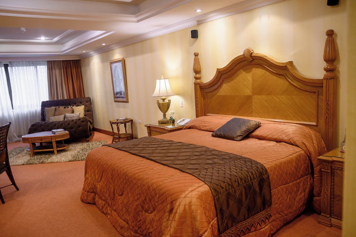 A hotel room with a large bed, a bedside table with a lamp, a chair, and a desk.