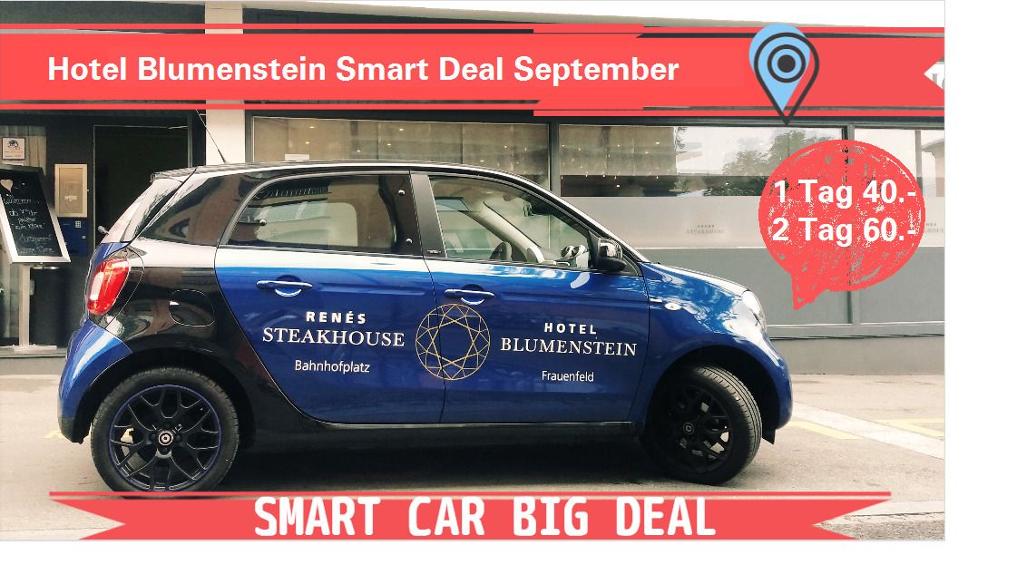 A blue car with "Hotel Blumenstein" and "Renés Steakhouse" branding parked in front of the hotel.