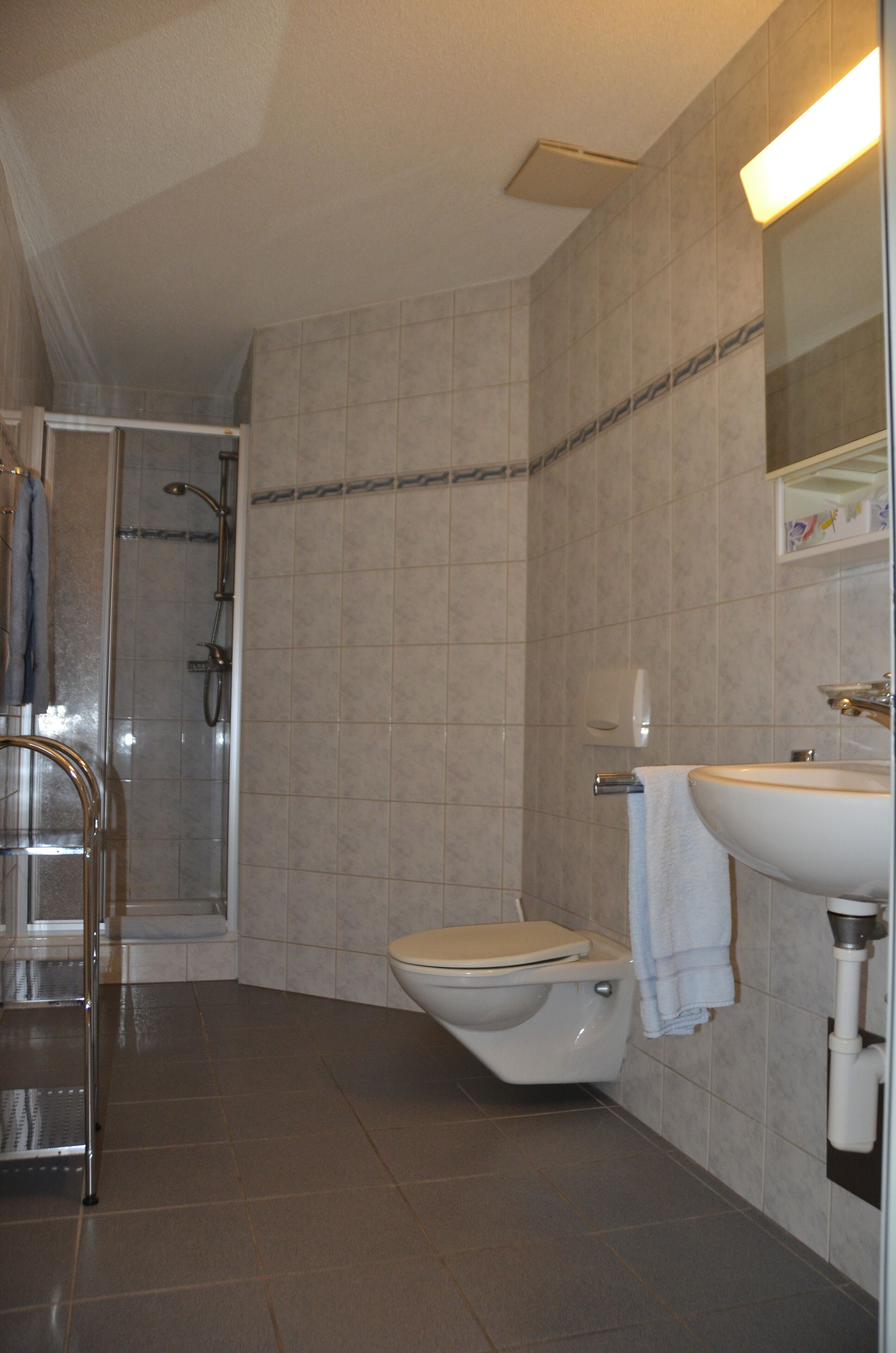 A bathroom with a shower, toilet, and sink.