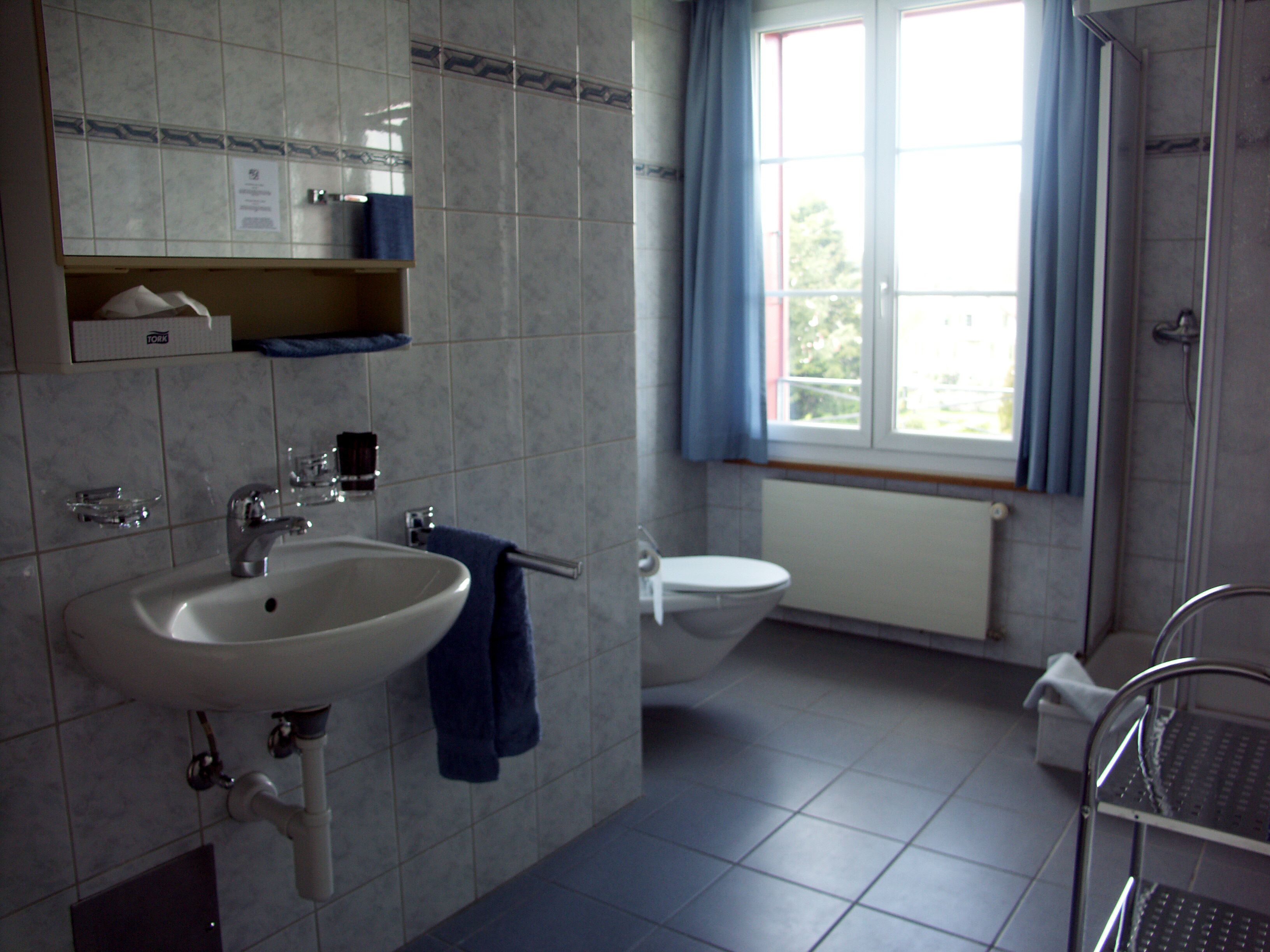 Un baño con lavamanos, inodoro y ducha. Hay una ventana con cortinas, y las paredes están revestidas de azulejos.