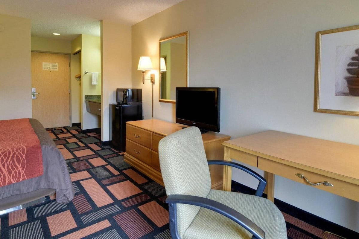 A hotel room with a bed, a desk, a chair, a television, a dresser, and a mirror.