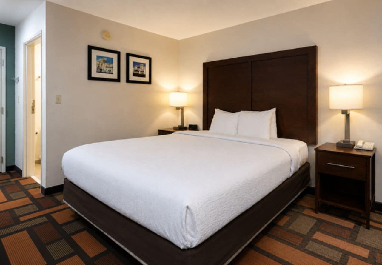 Una habitación de hotel con una cama grande, dos lámparas de noche, una mesita con un teléfono y dos cuadros en la pared.