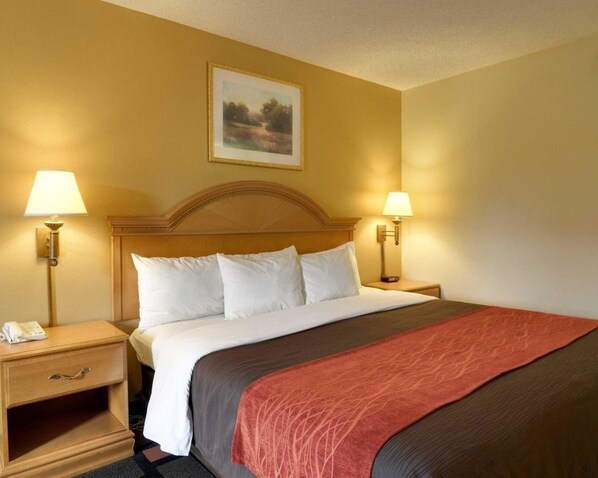 A hotel room with a large bed, two bedside tables, a nightstand, a painting on the wall, and two wall-mounted lamps.